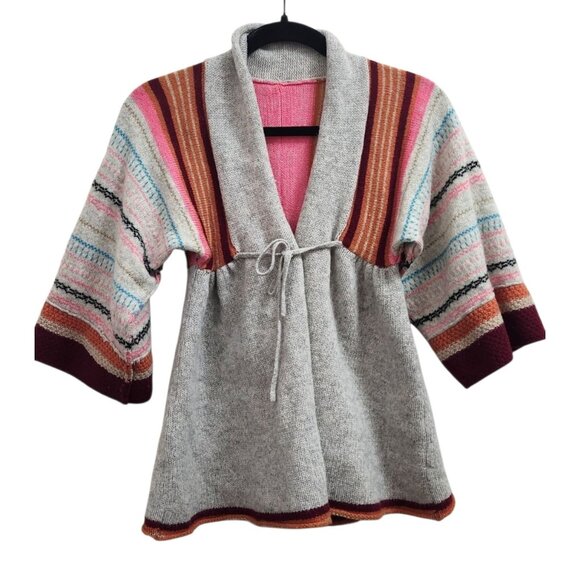 Vtg Y2k Free People Cardigan Sweater S Stripe Pink Red Turquoise Kimono Open - Picture 2 of 11